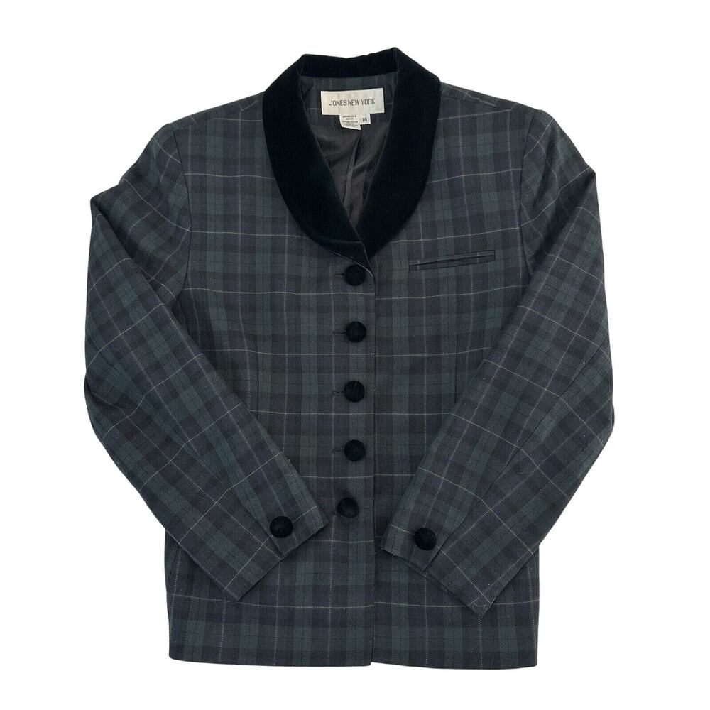 Jones New York Vintage Plaid Blazer Women 14 Green Black Velvet Collar